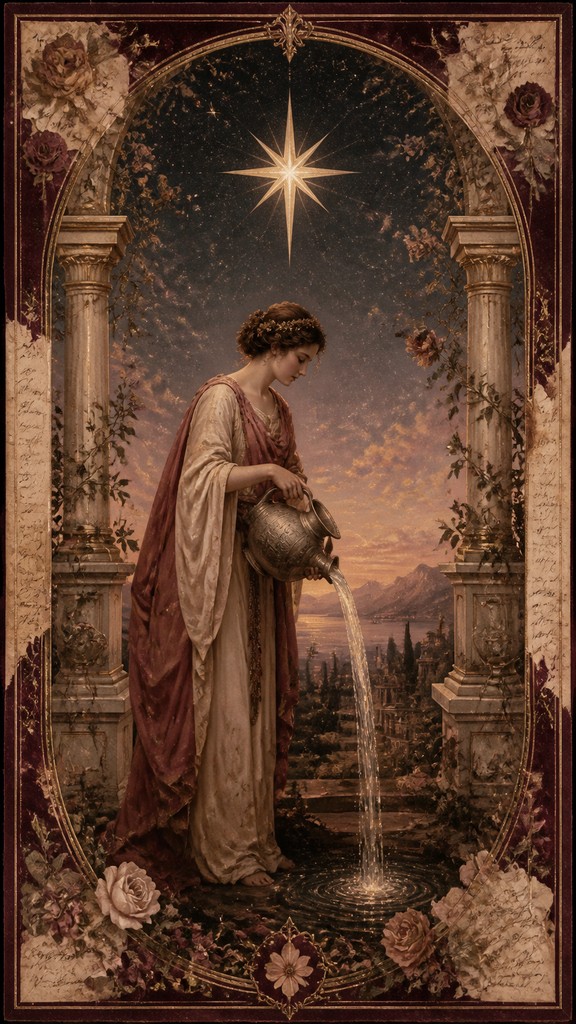 a robed figure pouring water beneath a large eight-pointed star in a night sky, symmetrical composition with an ornate decorative border, no text — Romantic Academia Aesthetic tarot card