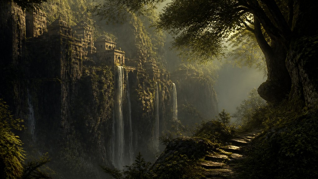 a cliffside city with waterfalls cascading into a misty canyon, wide establishing shot, no people, no text — Forest Nature Art concept art