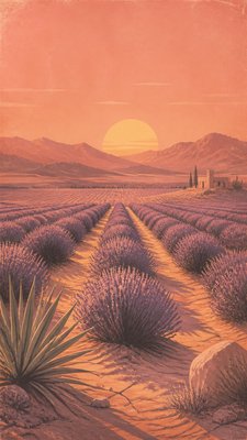 a field of lavender stretching to distant hills at dusk, no people — Desertwave Aesthetic wallpaper