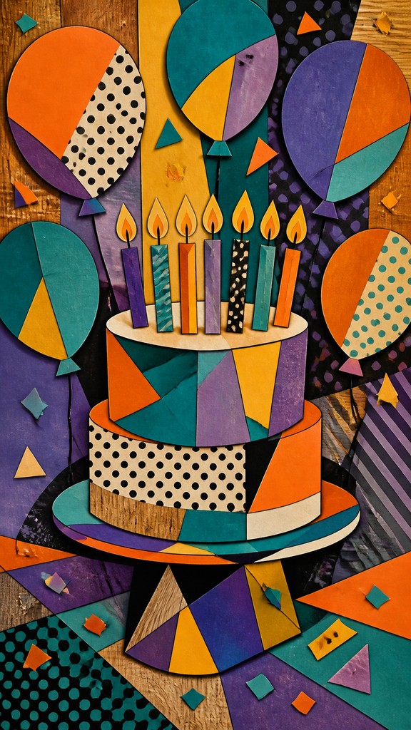 a birthday cake with lit candles surrounded by balloons and confetti, festive vertical composition, no text — Synthetic Cubism Art Style birthday card