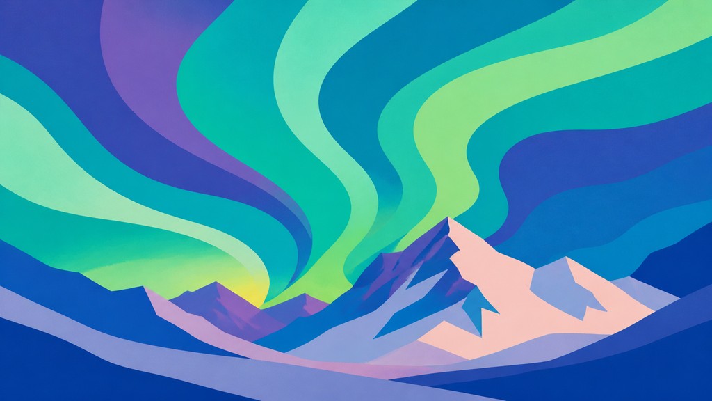 a flowing aurora over snowy peaks, wide sweeping composition, no people, no text — Color Field Abstract Art Style banner