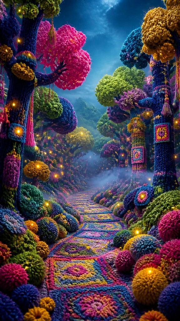 a mysterious forest path with fireflies and drifting mist, atmospheric vertical composition with open space at the top, no text — Yarn Bombing Street Art Style book cover