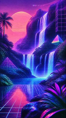 a cascading waterfall in a lush green gorge, no people — Vaporwave Art Style wallpaper