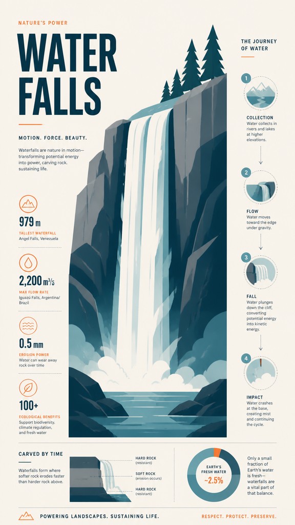 towering waterfall cascading down a cliff — Infographic Poster Design