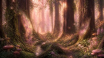 a panoramic redwood forest with light rays through mist, no people — Fairycore Aesthetic wallpaper