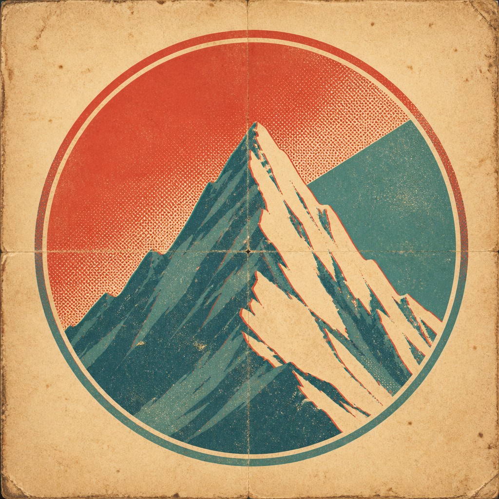 an emblem of a mountain peak inside a circle, simple bold shapes on a plain background, no text or lettering — Vintage Poster Design logo concept
