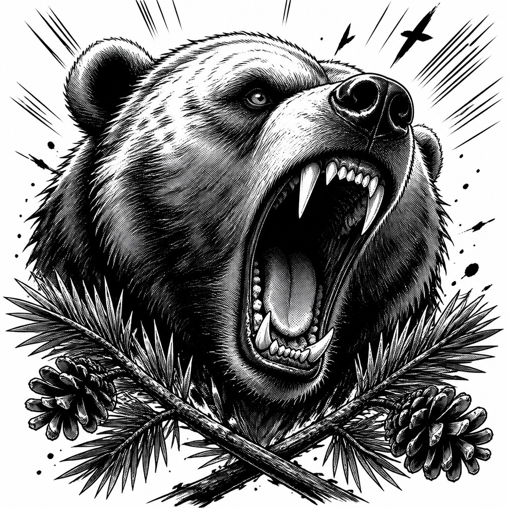 a roaring bear head above crossed pine branches, bold graphic composition on a plain background, no text — Manga Comic Art t-shirt design