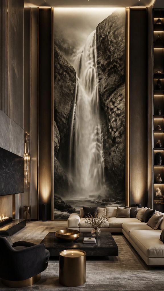 towering waterfall cascading down a cliff — Contemporary Luxe Interior Design