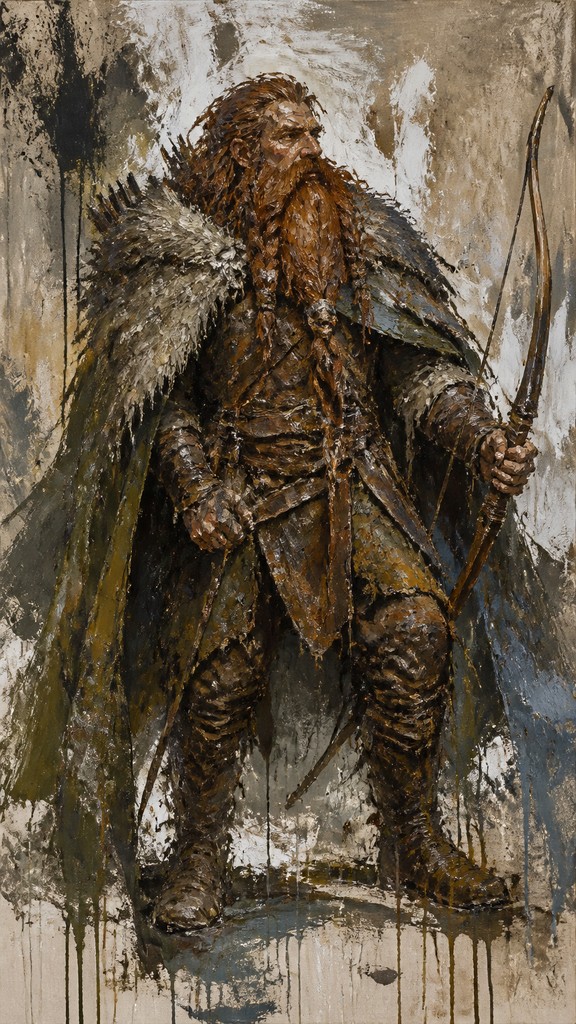 full-body original character: a dwarven ranger with a braided auburn beard, worn leather armor, a longbow and a wolf-pelt cloak, neutral background, no text — Abstract Expressionism Art Style tabletop character portrait