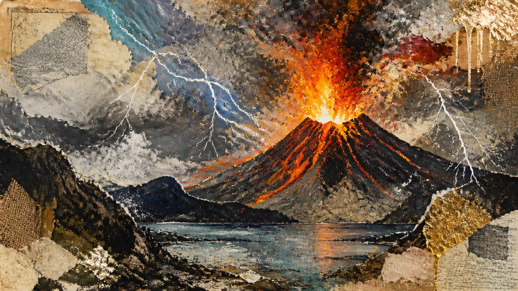 an erupting volcano with lightning strikes, dramatic wide composition, no text — Mixed Media Portrait Style YouTube thumbnail