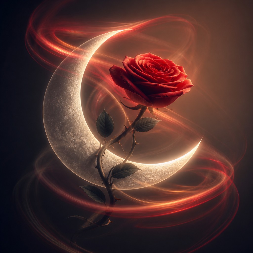 a rose entwined with a crescent moon, clean balanced composition on a plain background, no text — Long Exposure Photography Style tattoo design