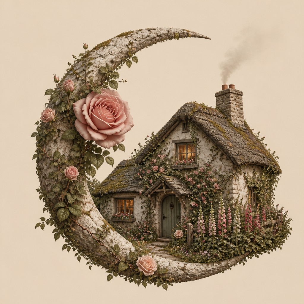 a rose entwined with a crescent moon, clean balanced composition on a plain background, no text — Cottage Vernacular Architecture tattoo design
