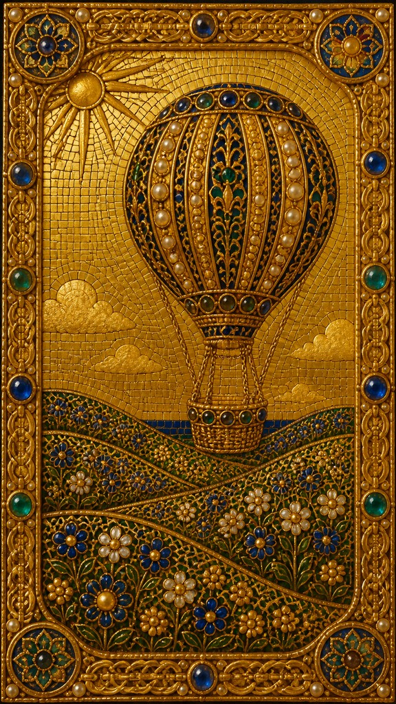 a hot air balloon drifting over rolling flower fields on a sunny day, cheerful, no text — Byzantine Jewelry Design greeting card
