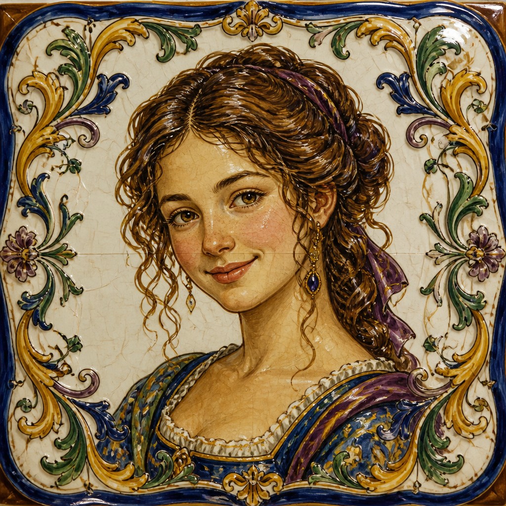 head-and-shoulders portrait of an original character: a young woman with wavy chestnut hair and a warm smile, plain soft backdrop — Majolica Ceramic Art Style profile picture