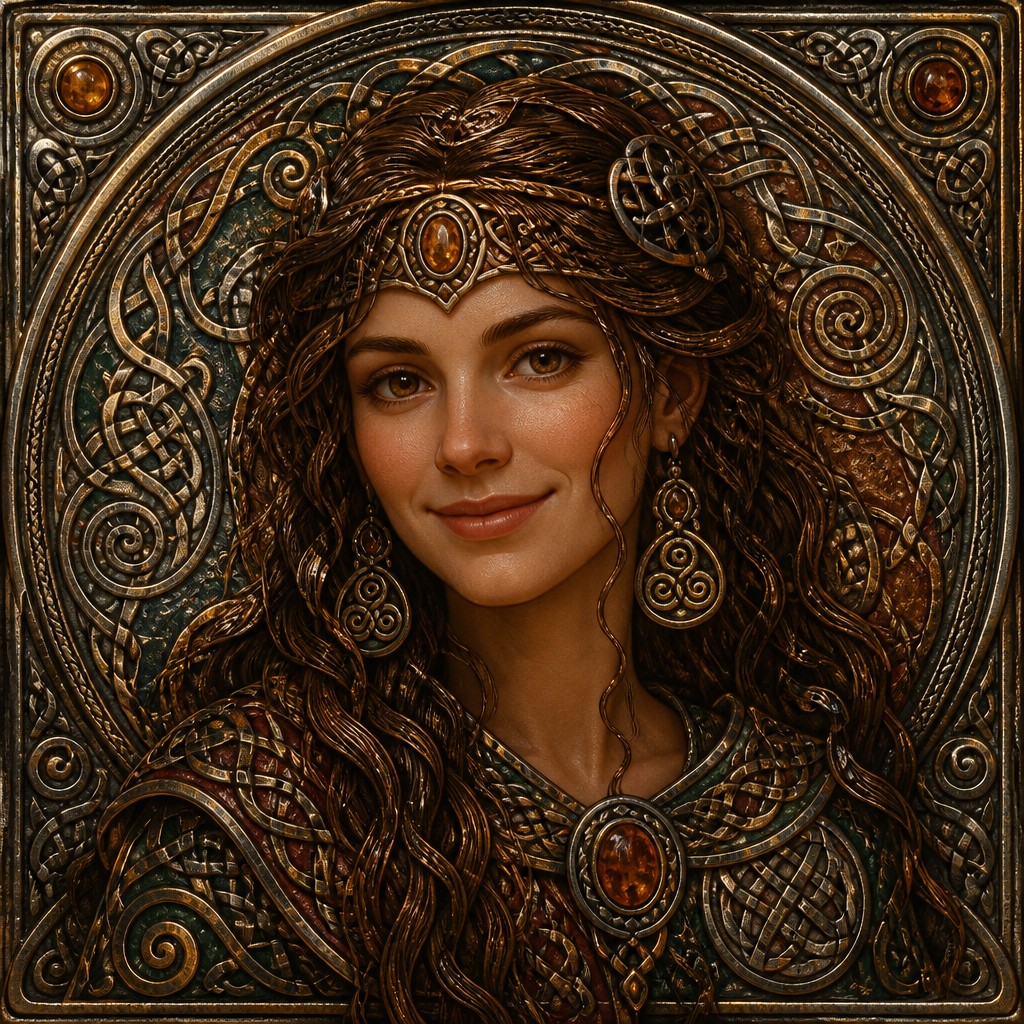 head-and-shoulders portrait of an original character: a young woman with wavy chestnut hair and a warm smile, plain soft backdrop — Celtic Jewelry Design profile picture