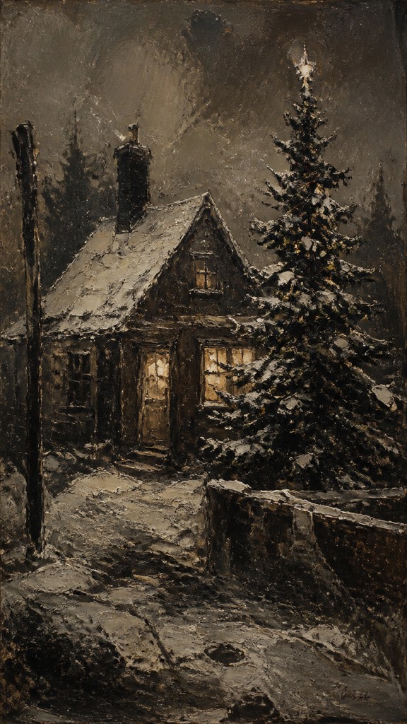 a snow-covered cottage with warm glowing windows beside a decorated pine tree, gentle snowfall, no text — Ashcan School Art Style Christmas card