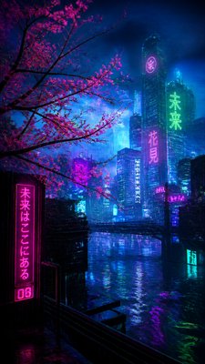 cherry blossom branches against a soft dawn sky, no people — Cyberpunk Art Style wallpaper