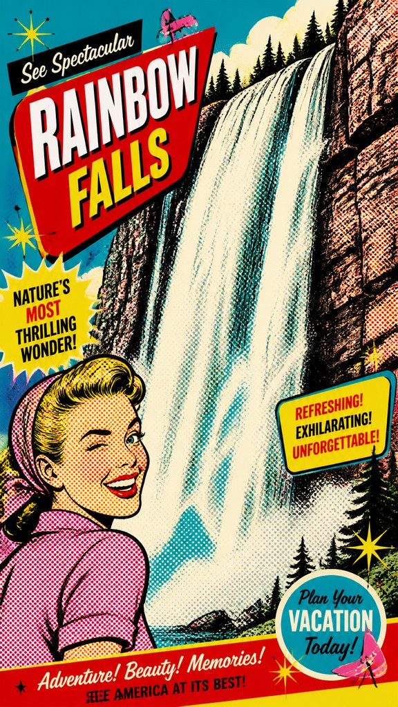 towering waterfall cascading down a cliff — Retro Pop Art Style