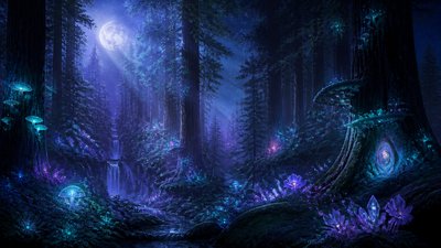 a panoramic redwood forest with light rays through mist, no people — Lunarpunk Aesthetic wallpaper