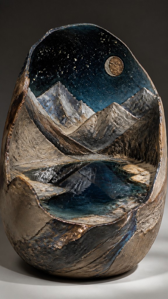 a tranquil mountain lake beneath a starry night sky, no people, no text — Contemporary Sculptural Ceramic Art Style phone wallpaper