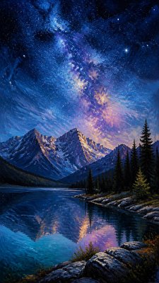 a tranquil mountain lake beneath a starry night sky, no people, no text — Digital Painting Art Style wallpaper