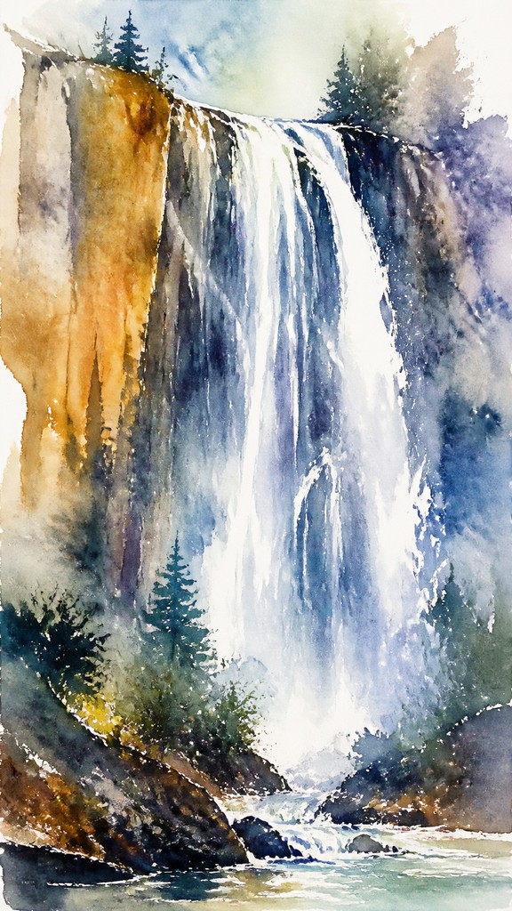 towering waterfall cascading down a cliff — Watercolor Portrait Art Style