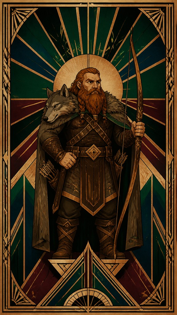full-body original character: a dwarven ranger with a braided auburn beard, worn leather armor, a longbow and a wolf-pelt cloak, neutral background, no text — Art Deco Poster Design tabletop character portrait