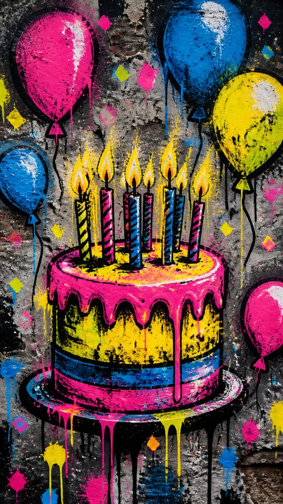 a birthday cake with lit candles surrounded by balloons and confetti, festive vertical composition, no text — Street Art Style birthday card