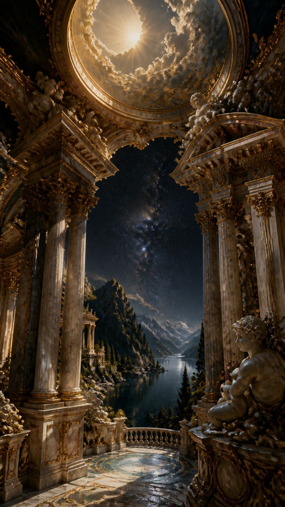 a tranquil mountain lake beneath a starry night sky, no people, no text — Baroque Architecture phone wallpaper