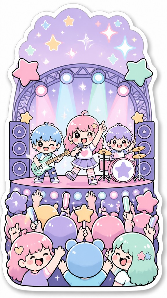 a live music scene with a glowing stage and silhouetted crowd, energetic vertical composition with open space at the top, no text — Kawaii Sticker Design flyer