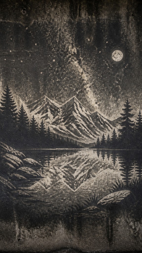 a tranquil mountain lake beneath a starry night sky, no people, no text — Reverse Graffiti Street Art Style phone wallpaper