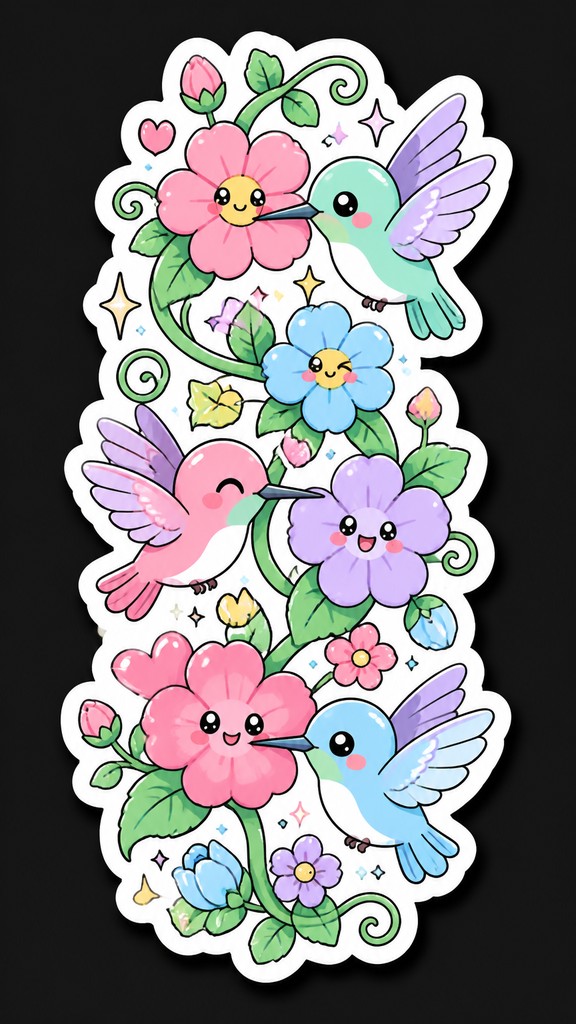 a climbing vine of flowers and hummingbirds on a dark background, tall wrapping composition, no text — Kawaii Sticker Design phone case design