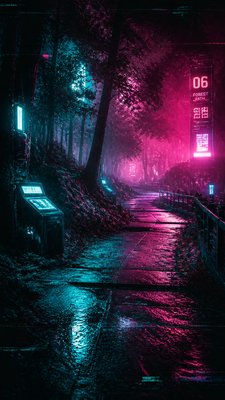 a winding forest path in golden autumn light, no people — Cyberpunk Sci-Fi Art wallpaper