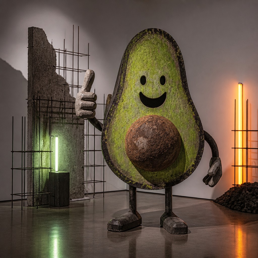 a happy avocado character giving a thumbs up, bold readable design on a plain background, no text — Installation Conceptual Art Style sticker