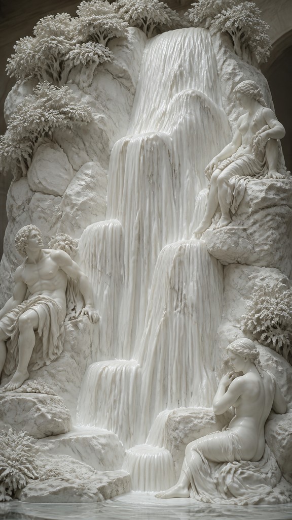 towering waterfall cascading down a cliff — Classical Marble Sculpture Art Style