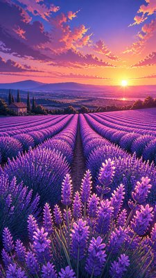 a field of lavender stretching to distant hills at dusk, no people — Anime Art Style wallpaper