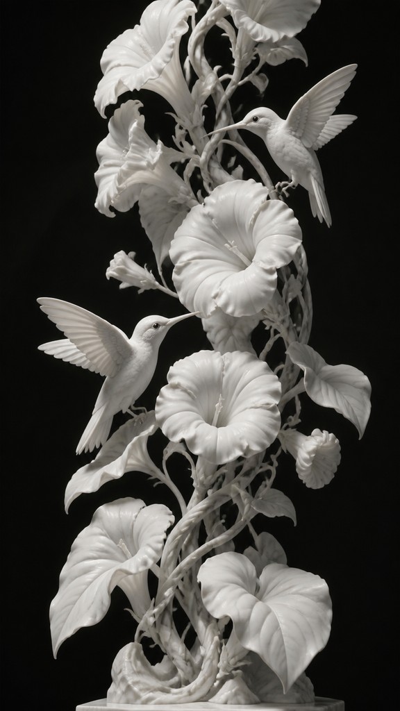 a climbing vine of flowers and hummingbirds on a dark background, tall wrapping composition, no text — Classical Marble Sculpture Art Style phone case design