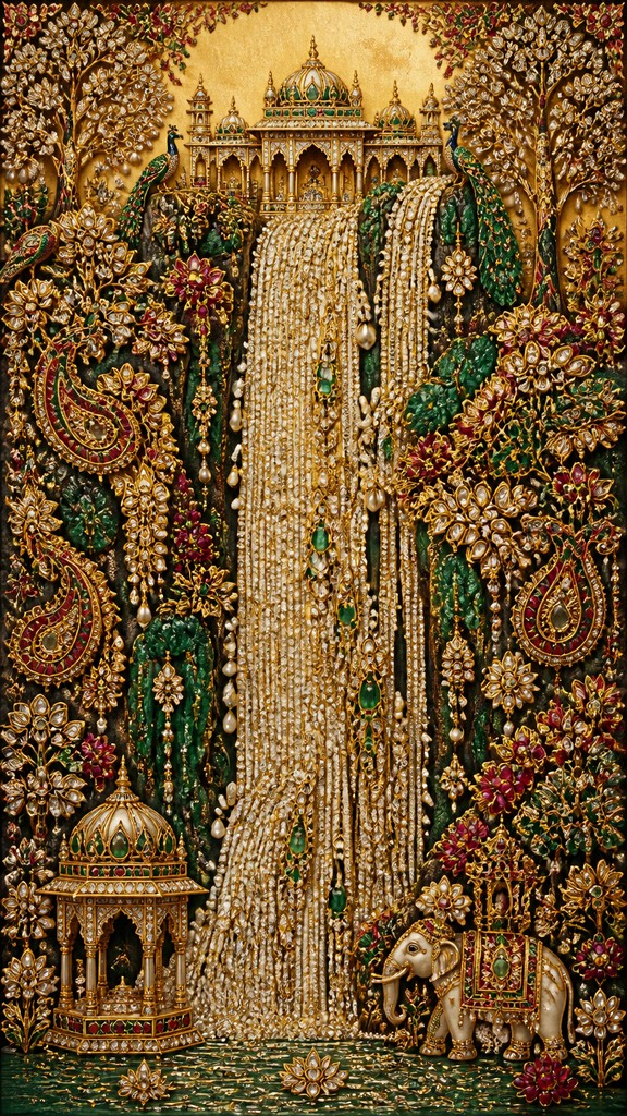 towering waterfall cascading down a cliff — Mughal Jewelry Design