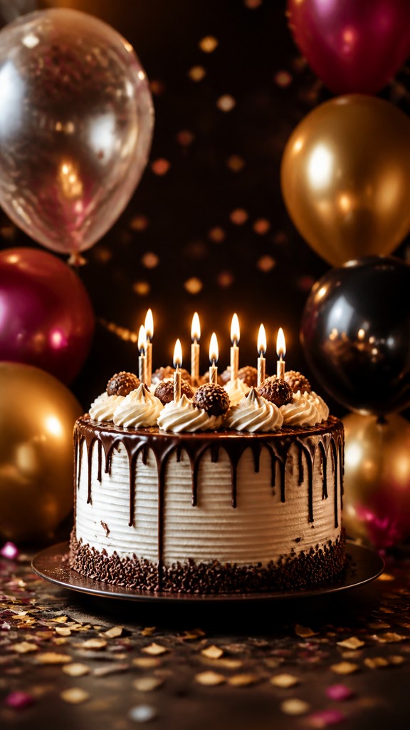 a birthday cake with lit candles surrounded by balloons and confetti, festive vertical composition, no text — Food Photography Still Life Art Style birthday card