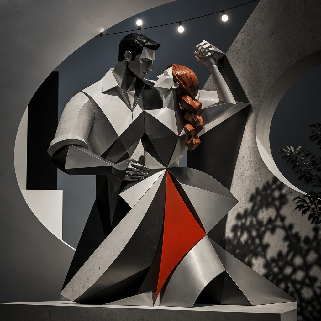 an original couple dancing under string lights in a garden at dusk: a man with short black hair in a linen shirt and a woman with braided red hair in a summer dress — Modern Abstract Sculpture Art Style couple portrait