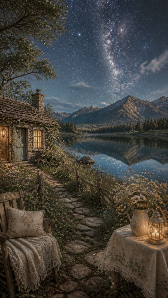 a tranquil mountain lake beneath a starry night sky, no people, no text — Cottagecore Aesthetic phone wallpaper