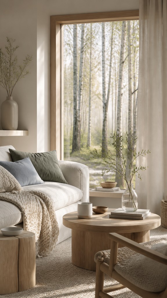 a serene birch forest in soft morning light, no people, no text — Scandinavian Interior Design wall art print