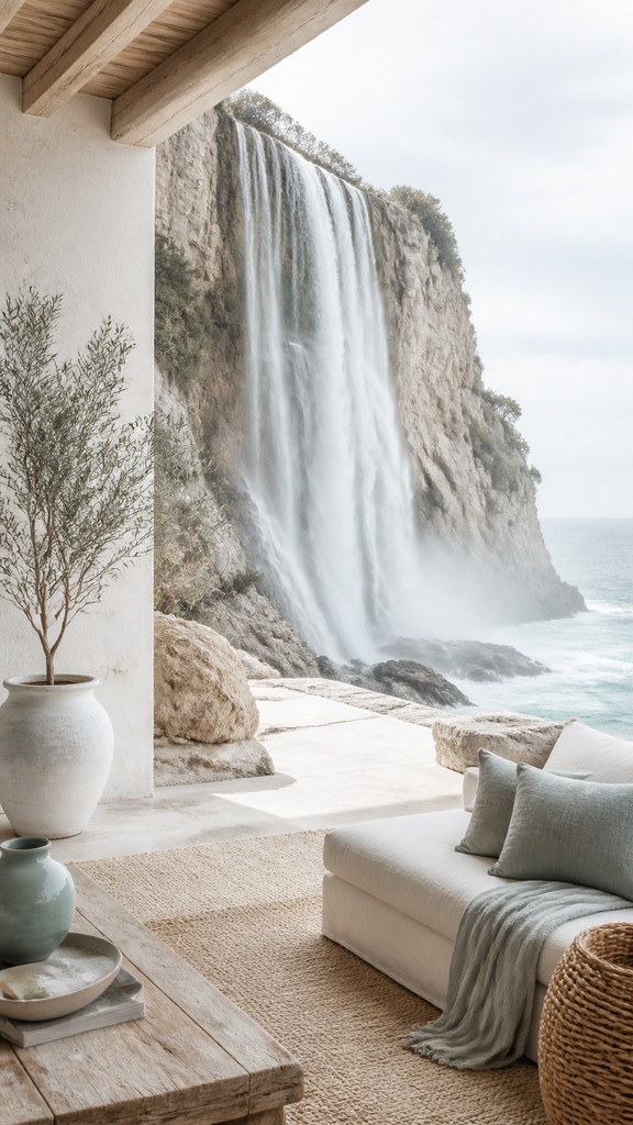 towering waterfall cascading down a cliff — Coastal Interior Design