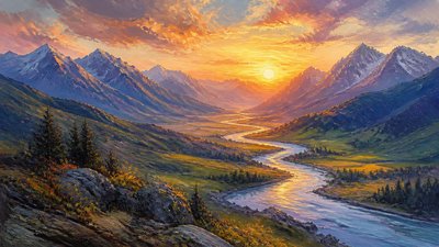 a vast valley with a river winding toward distant mountains at sunrise, no people, no text — Digital Painting Art Style wallpaper