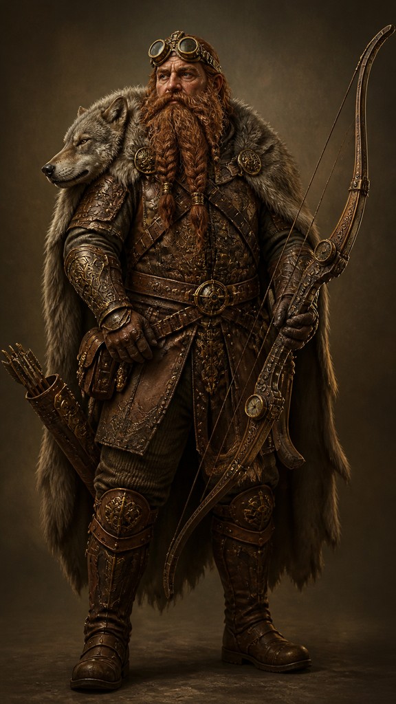 full-body original character: a dwarven ranger with a braided auburn beard, worn leather armor, a longbow and a wolf-pelt cloak, neutral background, no text — Steampunk Art Style tabletop character portrait