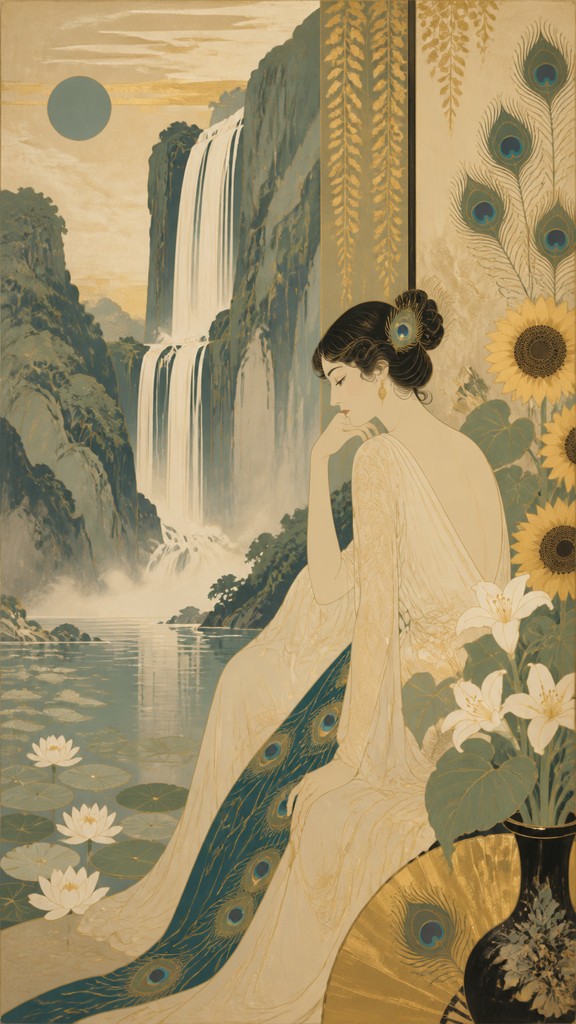 towering waterfall cascading down a cliff — Aesthetic Movement Art Style