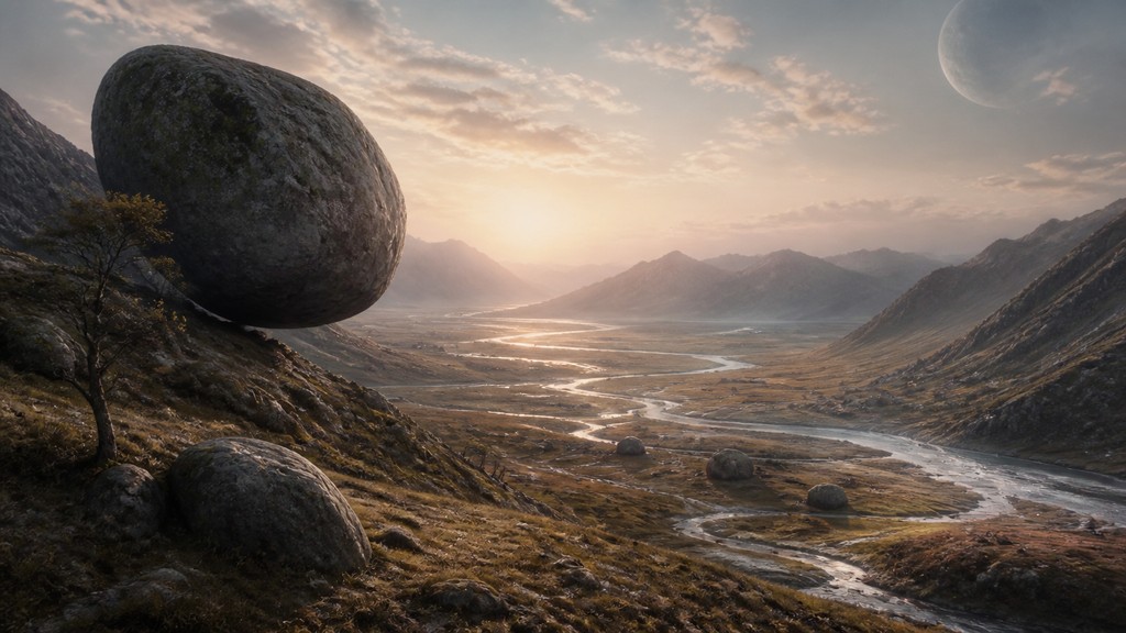 a vast valley with a river winding toward distant mountains at sunrise, no people, no text — Magical Realism Art Style desktop wallpaper