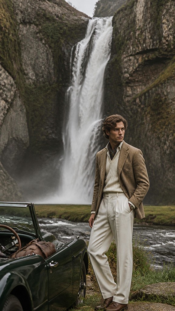towering waterfall cascading down a cliff — Old Money Fashion Style