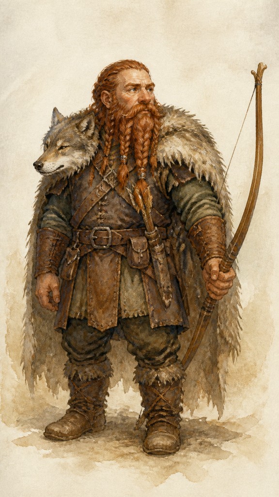 full-body original character: a dwarven ranger with a braided auburn beard, worn leather armor, a longbow and a wolf-pelt cloak, neutral background, no text — Storybook Watercolor tabletop character portrait