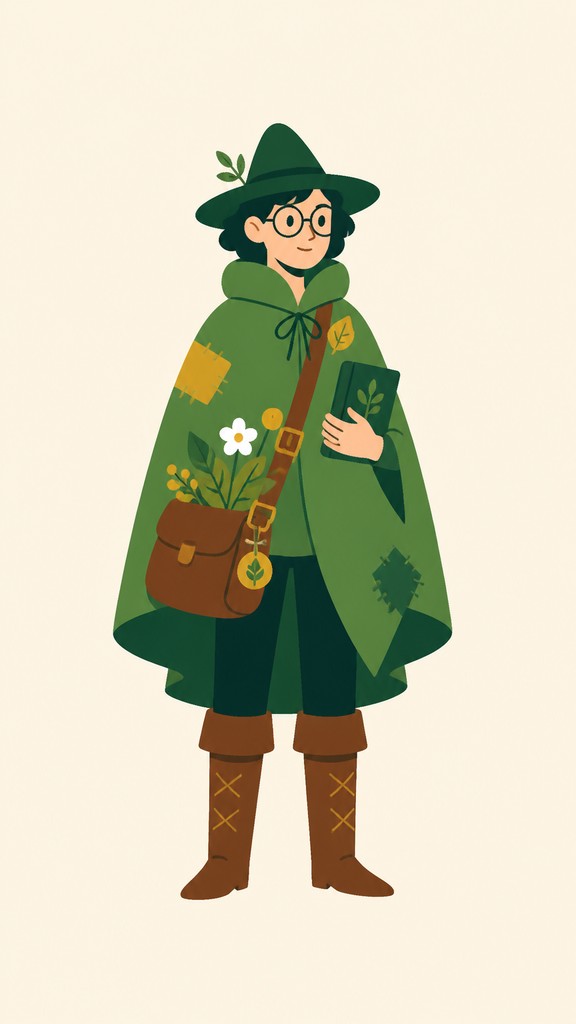 full-body original character: a wandering botanist with a satchel of plants, a patched green cloak, tall boots and round glasses, neutral background — Flat Icon Design character design